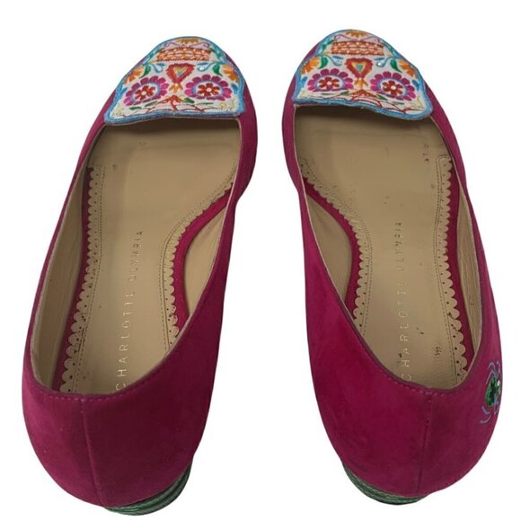 Rare Charlotte Olympia Sugar Skull Pink Suede Embroidered Round Toe Loafers 4 - Picture 5 of 12